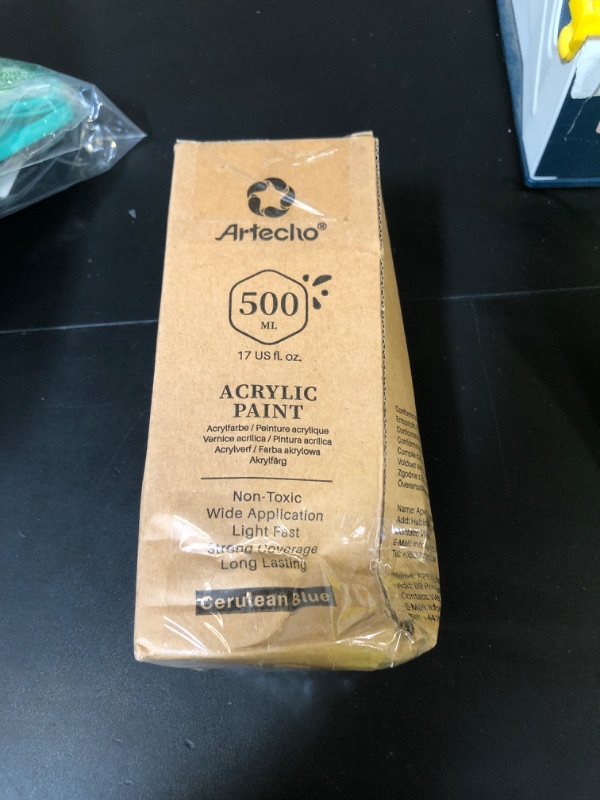Photo 1 of Artecho Cerulean Blue Acrylic Paint 500ml / 17oz Large Bottle - Craft Paint for Art Supplies, Canvas, Rocks, Wood, Fabric, Ceramic - Non Toxic