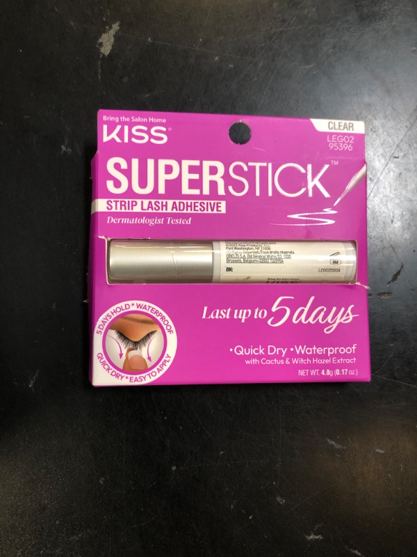 Photo 1 of KISS Super Stick 5-Day Extended Wear Strip Lash Adhesive, Quick Drying Lash Glue, Witch Hazel & Cactus Extract Infused, Brush Applicator, Net Wt. 4.8g (0.17 oz.), Clear