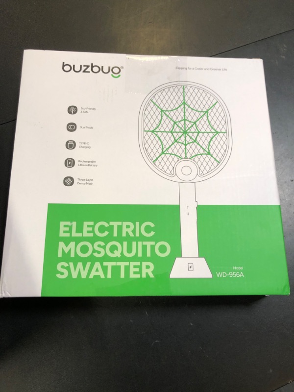 Photo 1 of Buzbug Electric Fly Swatter, Type-C Rechargeable Bug Zapper Racket with Charging Base, Foldable Bug Zapper for Indoor and Outdoor, Mosquito Swatter with Blue-Purple Working Light