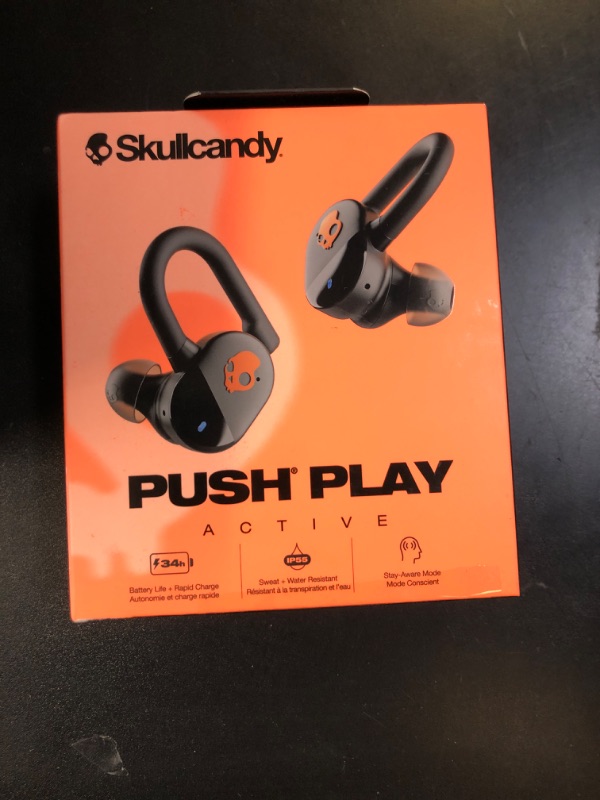Photo 1 of Skullcandy Push Play Active Wireless Earbuds, Bluetooth Headphones, Noise Isolating, 34 Hrs Battery, Secure-Fit Over-Ear Hanger, Sweat Water Resistant, Microphone for iPhone Android - Black/Orange?
