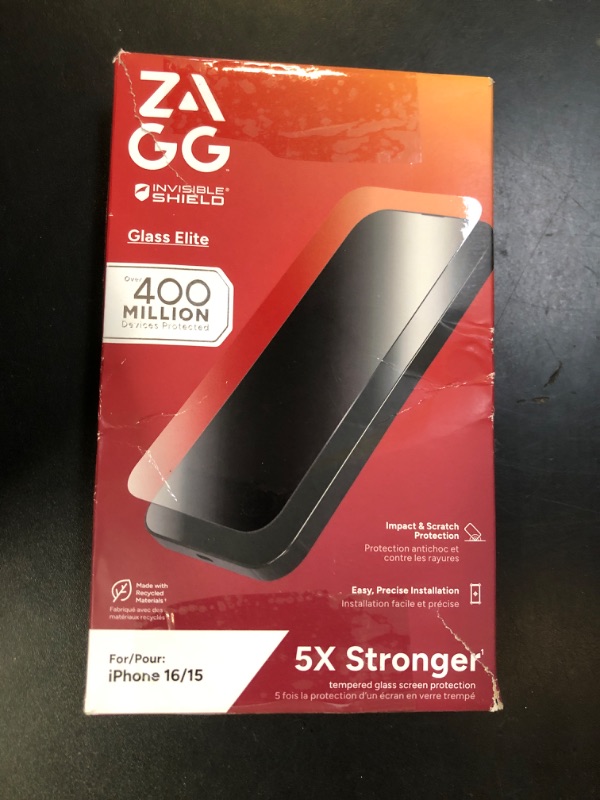Photo 1 of ZAGG Glass Elite Screen Protector for iPhone 16/15-5X Stronger, Reinforced Edges, Ultra-Strong Tempered Glass, Scratch Resistant, Anti-Smudge, InvisibleShield, Easy Installation, Eco-Friendly