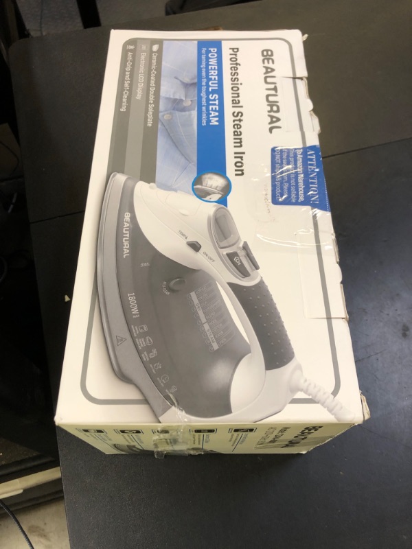 Photo 1 of BEAUTURAL 1800-Watt Steam Iron with Digital LCD Screen, Double-Layer and Ceramic Coated Soleplate, 3-Way Auto-Off, 9 Preset Temperature and Steam Settings for Variable Fabric Gray