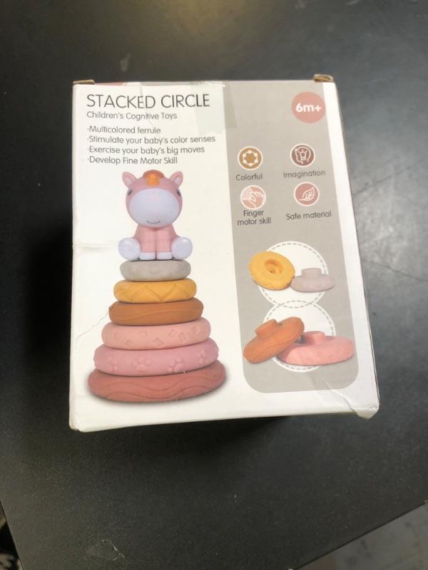 Photo 1 of Nueplay 7 Pcs Stacking & Nesting Baby Toys, Squeeze Teething Toys and Building Circle with Pink Horse Figure, Newborn Essentials for 6 12 18 Months Toddler Girls