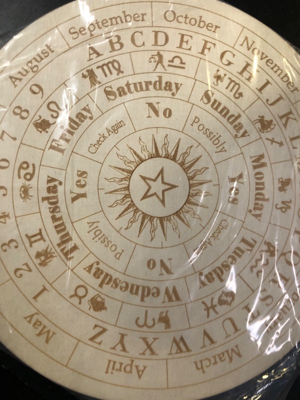 Photo 1 of Star Pendulum Board Wooden Dowsing Board Divination Metaphysical Message Board for Witchcraft Wiccan Altar Supplies Kit Beginner Witchcraft Supply, Round Shape (9.8 Inch)