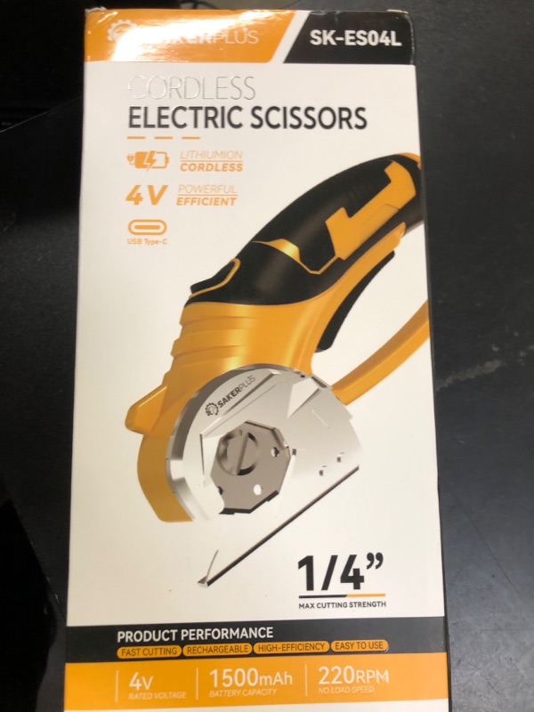 Photo 1 of SakerPlus Cordless Electric Scissors, 4V Cardboard Cutter, Box Cutter Fabric Scissor with Safety Lock & LED Light, Rechargeable Power Rotary Cutters for Box Carpet Fabric Plastic Leather