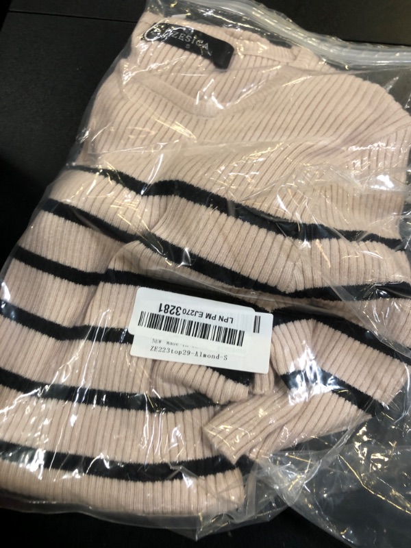 Photo 1 of ZESICA Women's Short Sleeve Crewneck Striped T Shirt 2025 Summer Ribbed Knit Slim Fit Casual Basic Tee Tops,Almond,Small