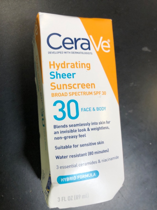 Photo 1 of CeraVe Hydrating Sheer Sunscreen with SPF 30 for Face and Body, Mineral & Chemical Sunscreen for Men & Women with Zinc Oxide, Hyaluronic Acid and Ceramides, Paraben-Free + Fragrance-Free, 3 Ounces