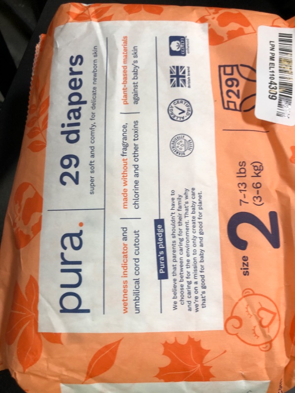 Photo 1 of Pura Hypoallergenic Diapers, Size 2 (7-13 lbs) Totally Chlorine Free, Wetness Indicator, Suitable for Sensitive Skin, Soft Organic Cotton Comfort, Overnight, 1 Pack of 29 Baby Diapers