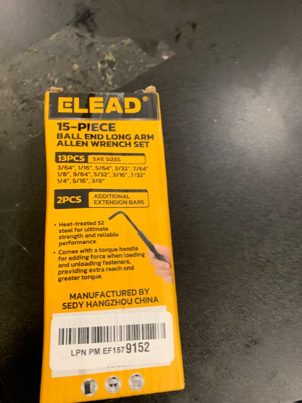 Photo 1 of ELEAD 15-Piece SAE Hex Key Allen Wrench Set with Extension Bar, 3/64-3/8 Inch, Long Arm Ball End Design, Heat-Treated S2 Steel