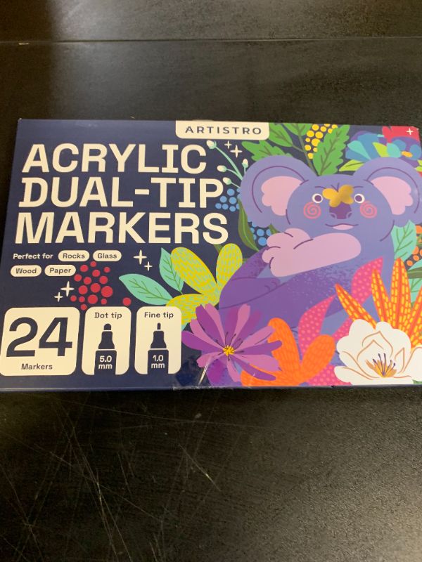 Photo 1 of ARTISTRO 24 Dual Tip Acrylic Paint Markers, Acrylic Paint Pens, Fabric Markers for Textile, Rock, Glass, Wood, Paper, Ceramic, Canvas DIY Art Supplies Kit for Kids and Adults (Dual Tip Dot + Fine, 24)
