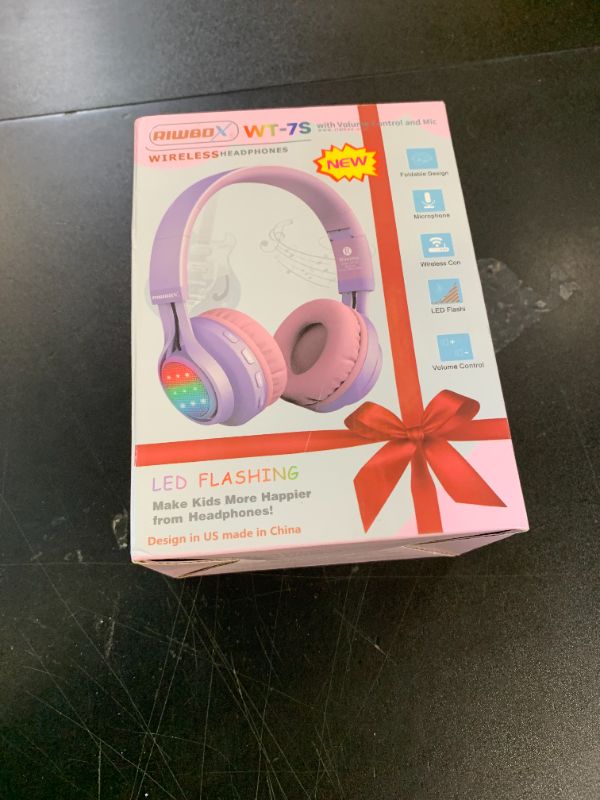 Photo 1 of Riwbox WT-7S Kids Bluetooth Headphones Light Up, Foldable Stero Wireless Headset with Microphone and Volume Control for PC/Tablet/TV/Travel (Purple)