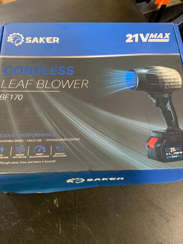 Photo 1 of Saker Cordless Leaf Blower Portable Dust Cleaner Handheld Lightweight Turbo Jet Blower 180000 RPM with Adjustable Speed for Patio Cleaning, Drying,Camping Gift 2 Batteries BF170 Black