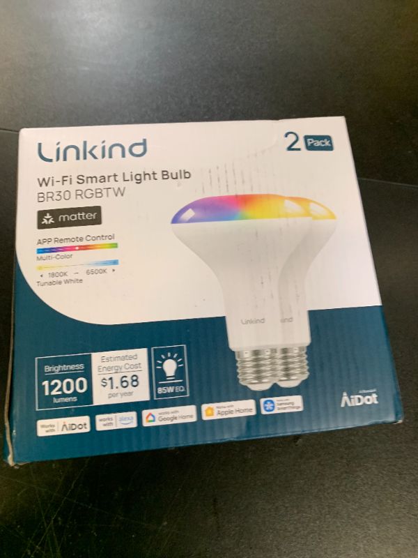 Photo 1 of Linkind Matter Smart Light Bulb,1200LM 85W BR30 Smart Flood Light Bulbs Work with Alexa, Apple Home, Google Home, RGBTW Recessed Color Changing Bulbs E26, 2.4GHz Only WiFi Light Bulbs LED, 2Pack