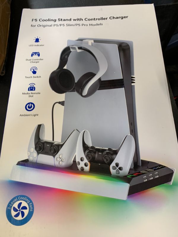 Photo 1 of Rysker PS5/Slim/Pro Stand, PS5 Cooling Station Built-in 3-Level Cooling Fan & Fast Charger for Disc & Digital, PS 5 Accessories with Safety Screw and Headset Holder