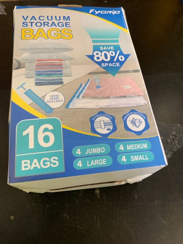 Photo 1 of Fygrip 16 Pack Vacuum Storage Bags with Hand Pump, 4 Jumbo + 4 Large + 4 Medium + 4 Small Plastic Packaging Bags, 80% Space Saver Vacuum Seal Bags for Clothing, Travel Lugggage, Blankets, Comforters