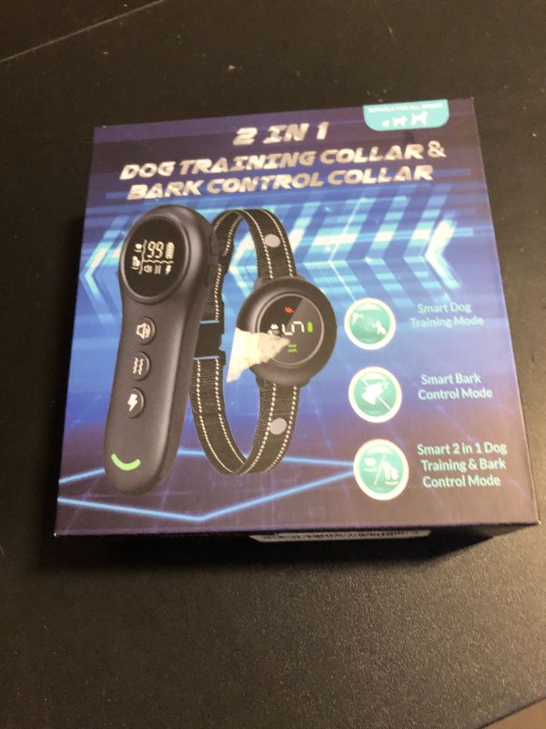 Photo 1 of 2-in-1 Dog Shock Collar & Dog Bark Collar - Smart Anti Barking Dog Training Collar with 5 Adjustable Sensitivity & 3300FT Remote for All Breeds IP67 Waterproof E-Collar