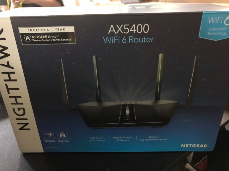 Photo 1 of NETGEAR Nighthawk 6-Stream Dual-Band WiFi 6 Router (RAX54S) – Security Features, AX5400 Wireless Speed, Up to 5.4 Gbps, Covers up to 2,500 sq. ft., 25 Devices - 1-Year Armor Subscription Included