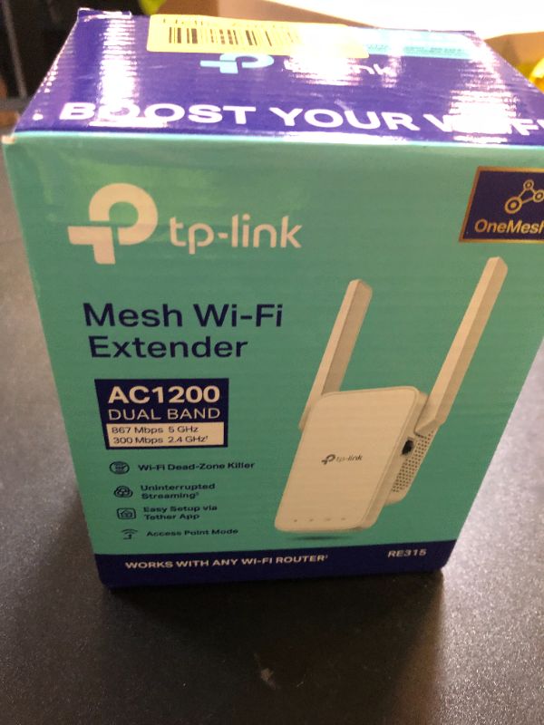 Photo 1 of TP-Link AC1200 WiFi Extender, 2025 Wirecutter Best WiFi Extender, 1.2Gbps home signal booster, Dual Band 5GHz/2.4GHz, Up to 1600 Sq.ft and 32 Devices, EasyMesh Compatible, One Ethernet Port (RE315)