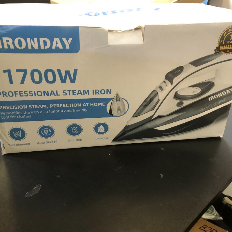 Photo 1 of IRONDAY Steam Iron for Clothes Rapid Heating, 1700W Iron with Non-Stick Ceramic Soleplate, 3-Way Auto-Off, Burst of Steam, Self-Cleaning, 14.07oz Water Tank Ironing Clothes for Home, Grey