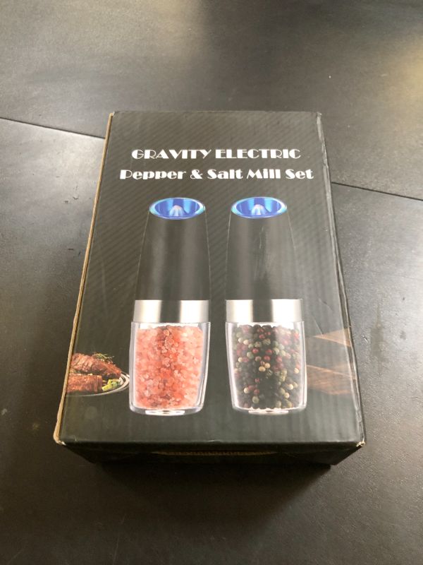 Photo 1 of Sweet Alice Gravity Electric Pepper and Salt Grinder Set, Adjustable Coarseness, Battery Powered with LED Light, One Hand Automatic Operation, Stainless Steel Black, 2 Pack