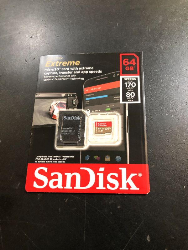 Photo 1 of SanDisk 64GB Extreme microSDXC UHS-I Memory Card with Adapter - Up to 170MB/s, C10, U3, V30, 4K, 5K, A2, Micro SD Card - SDSQXAH-064G-GN6MA