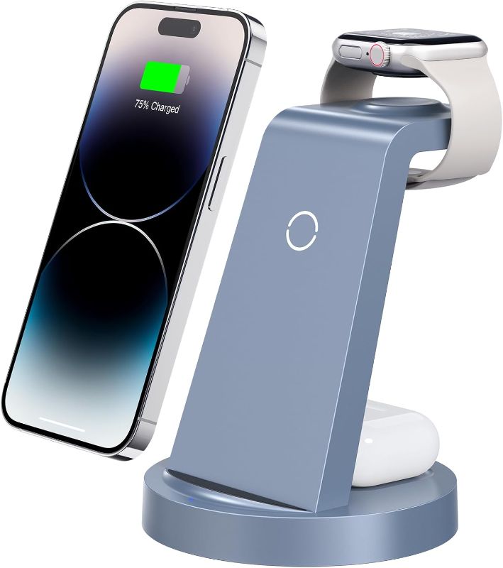 Photo 1 of 3 in 1 Charging Station for iPhone, Wireless Charger for iPhone 16e 16 15 14 13 12 11 X Pro Max & Apple Watch - Charging Stand Dock for AirPods (Blue)