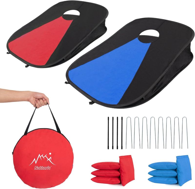 Photo 1 of Portable Cornhole Set PVC Framed Corn Holes Outdoor Game Set with 2 Cornhole Boards, 8 Cornhole Bean Bags and Carrying Case, Camping Games Indoor Outdoor for Kids and Adults, Travel Camping Accessory