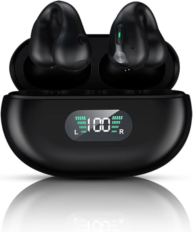 Photo 1 of 024 New Wireless Ear Clip Headphones, Open Ear Headphones Mini Headphones, Bluetooth 5.3 Sports Waterproof Headphones Wireless Earbuds with Earhooks (X- Black)