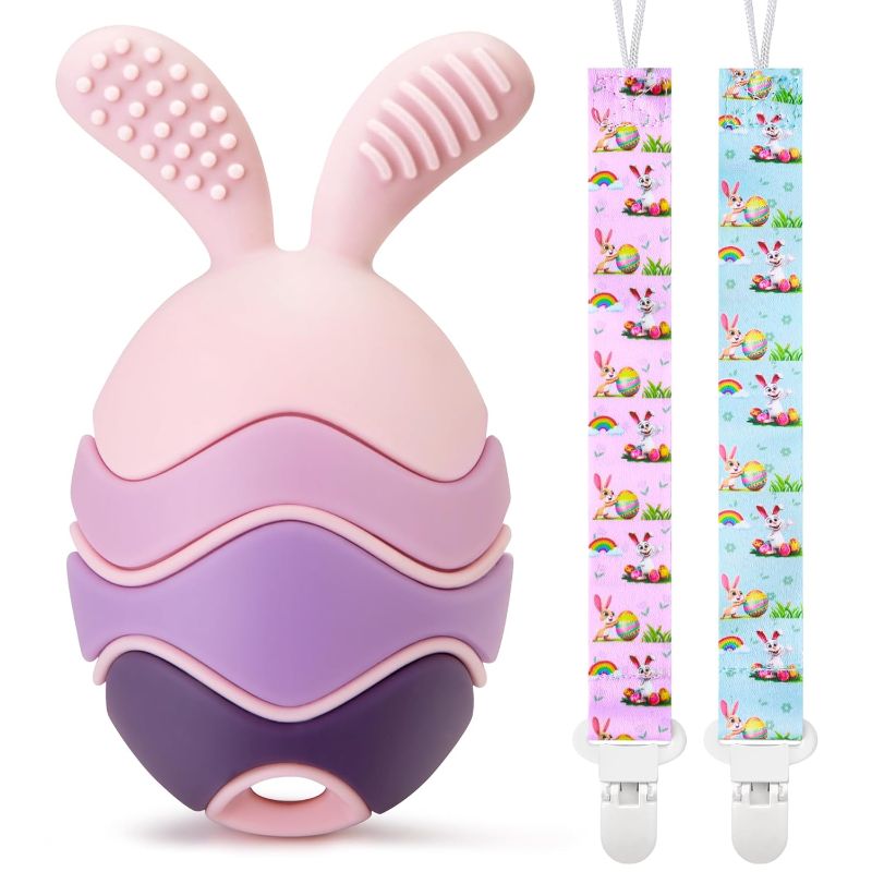 Photo 1 of Easter Egg Bunny Baby Teether for Easter Basket Stuffers, Rabbit Egg Rattle Toy Teething for Easter Basket Essentials Infant Boys & Girls First Gifts with 2 Packs Easter Egg Pacifier Clip, 3 Months+
