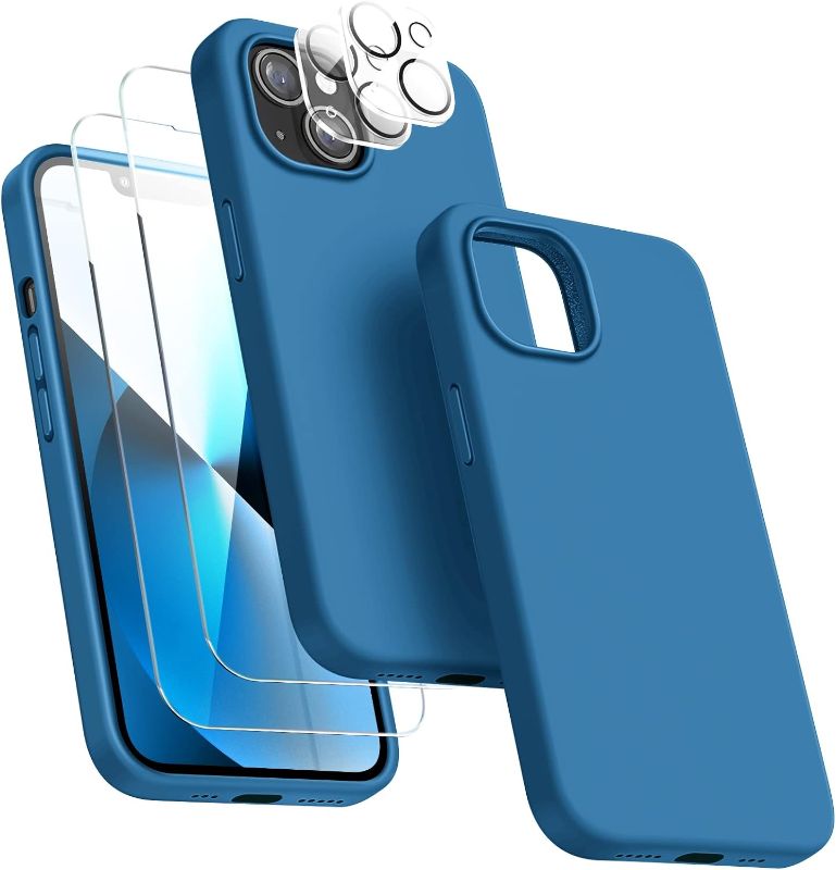 Photo 1 of Dssairo 5 in 1 Designed for iPhone 13 Case, with 2 Pack Screen Protector,2 Pack Camera Lens Protector, Liquid Silicone Ultra Slim Shockproof Protective Phone Case Microfiber Lining 6.1,Blue