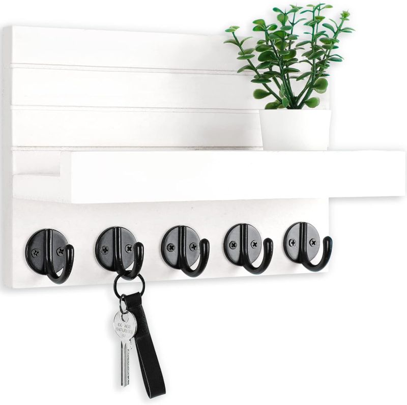 Photo 1 of Key Holder for Wall, Decorative Key and Mail Holder with Shelf Has Large Key Hooks for Bags, Coats, Umbrella – Paulownia Wood Key Hanger with Mounting Hardware (9.8”W x 6.7”H x 4.2”D)