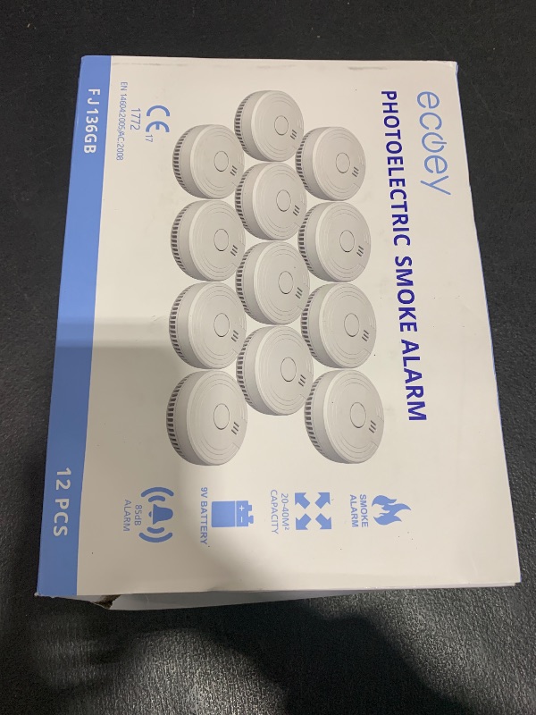 Photo 1 of Ecoey  Alarm Fire Detector, Battery Included Photoelectric Smoke Detector with Test Button and Low Battery Signal, Small Fire Alarm for Home, Bedroom FJ136GB, 12 Packs
