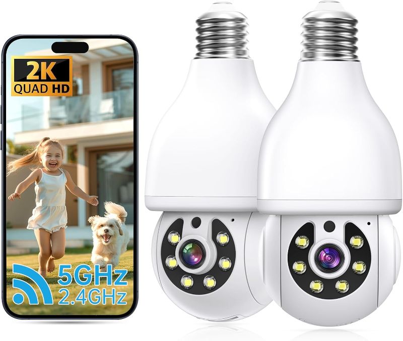 Photo 1 of 2K Light Bulb Security Camera 5G&2.4G WiFi Security Cameras Wireless Outdoor Indoor,360°Bulb Cameras for Home Security Outside Indoor,Motion Detection and Alarm,Two-Way Talk,Color Night Vision 2 Pack
