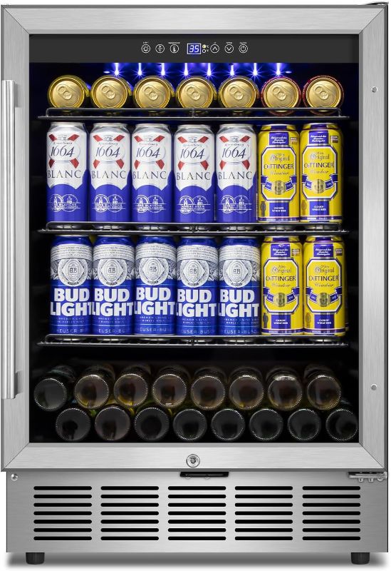 Photo 1 of Beverage Refrigerator 24 inch-200 Can Drink Fridge with Glass Door, Under Counter/Freestanding Beverage Cooler with Temperature Memory, Reversible Door, Quick Cooling, Cooler for Beer, Soda, Wine