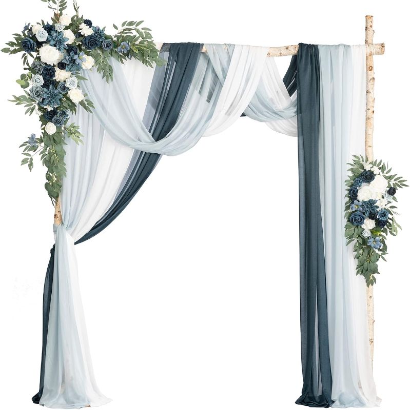 Photo 1 of Ling's Moment Spring Deluxe Artificial Wedding Arch Flowers with Drapes Kit-Pack of 5, 2pcs Flower Arrangements 3pcs Hanging Sheer Drapes Beach Ceremony Arbor Backdrop Rose Floral Decor, Dusty Blue