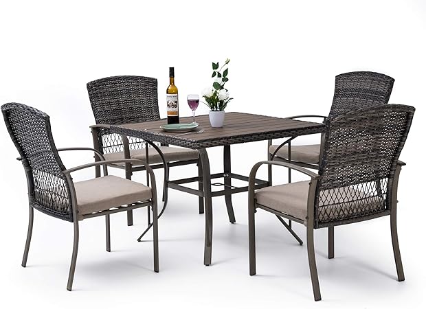 Photo 1 of Pamapic Outdoor Piece Patio Dining Set, Weather Resistant PE Rattan Table and Chairs, Comfortable Cushions, Easy Maintenance, 6 PCS, Beige