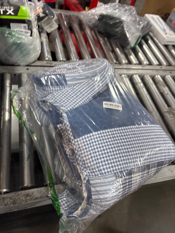 Photo 1 of Finlonte King Size Quilt, 3 Pieces - Cotton Bedding Set, Dark Blue/Beige, Modern Plaid Print, All Season, Lightweight Reversible, Machine Washable