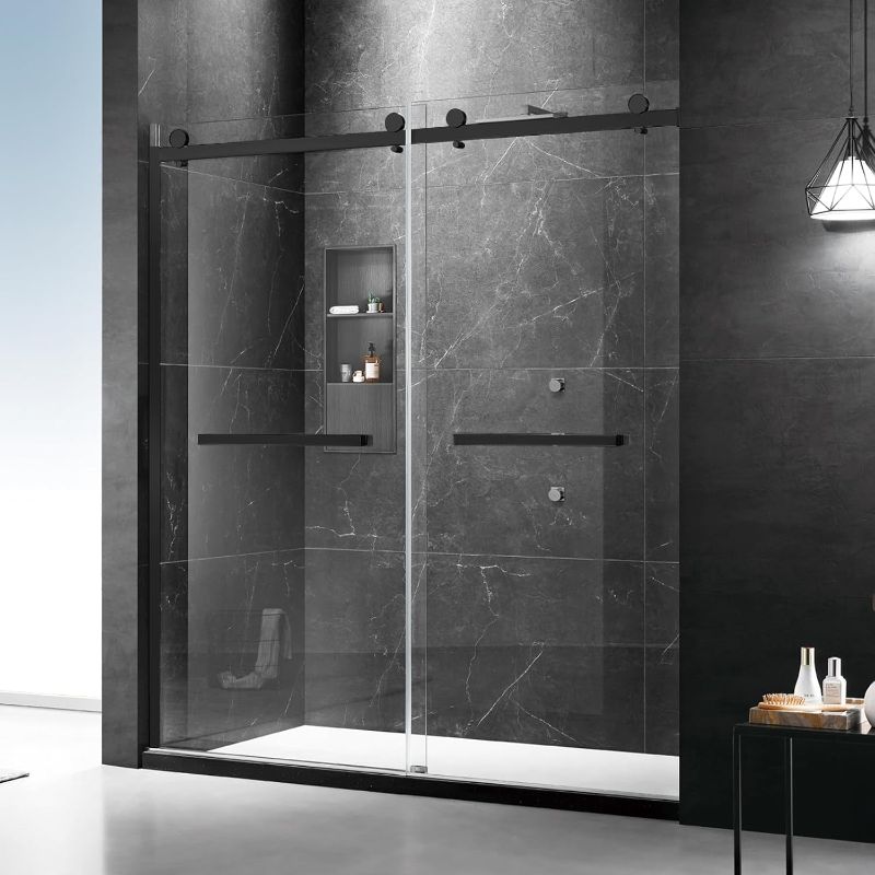 Photo 1 of Milano Double Sliding Shower Door, 60 in.W x 74 in.H Framed Shower Door 5/16"(8mm) Clear Tempered Glass, 18 inch Pull Handle, Stainless Steel Hardware, Matte Black Finished