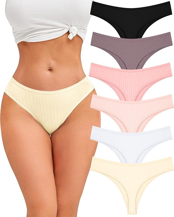 Photo 1 of FINETOO Cotton Thongs for Women Soft Low Rise Sexy Thong Ladies Panties Womens Underwear 6 Pack L