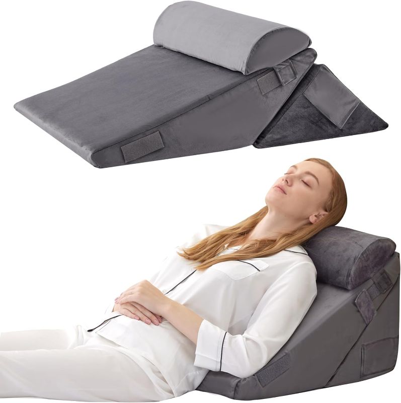 Photo 1 of 3Pcs Orthopedic Bed Wedge Pillow Set, Foam Wedge Pillow Post Surgery for Back, Leg and Knee Support, Adjustable 9&12 Inch Folding Triangle Pillow for Sleeping, Acid Reflux, Snoring, Velvet
