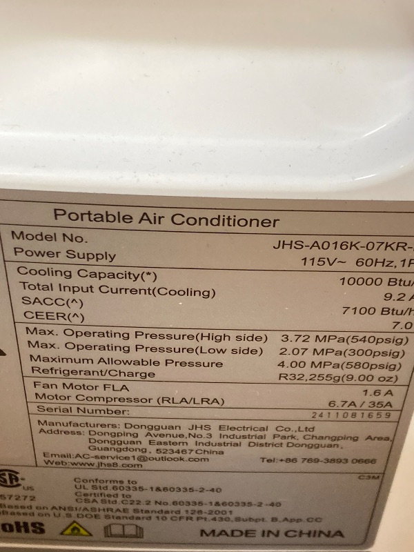 Photo 1 of ***(SELLING AS PARTS ONLY, SOME SCUFFS/SCRATCHES, NOT IN ORIGINAL BOX PACKAGING)***Portable Air Conditioners - 2025 Upgraded 10000 BTU Portable AC for Room up to 450 Sq. Ft, 3 in 1 AC Unit with 24H Timer, Smart Sleep Mode, Remote Control, Air Cooler for B