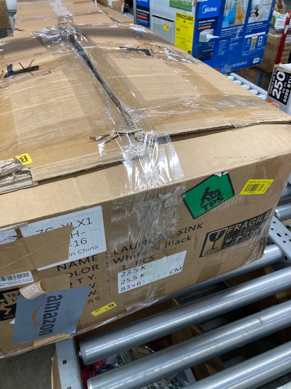 Photo 1 of GGW Freestanding Laundry Sink, Ceramic Utility Sink with Washboard and Faucet, Laundry Tub for Laundry Room, Garage, Basement, Outdoor and Indoor, 28.3"W x 19"D x 32.3"H, White