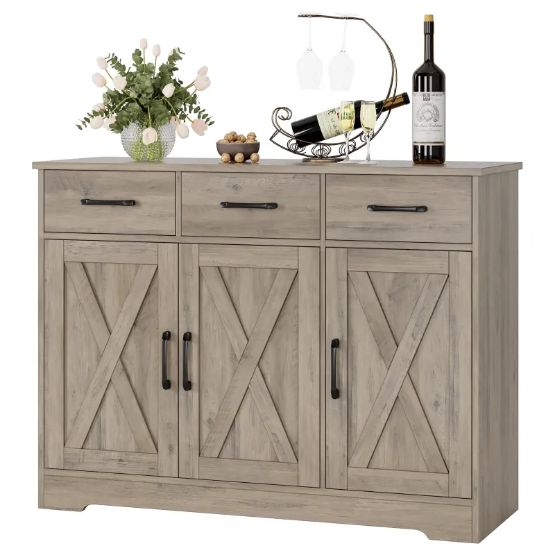 Photo 1 of **SOME PARTS WOOD SPLIT**Homfa 42.5'' Kitchen Buffet Sideboard Cabinet, 3 Drawers Farmhouse Barn Doors Wood Coffee Bar Storage Cabinet with Adjustable Shelf, Wash Gray
