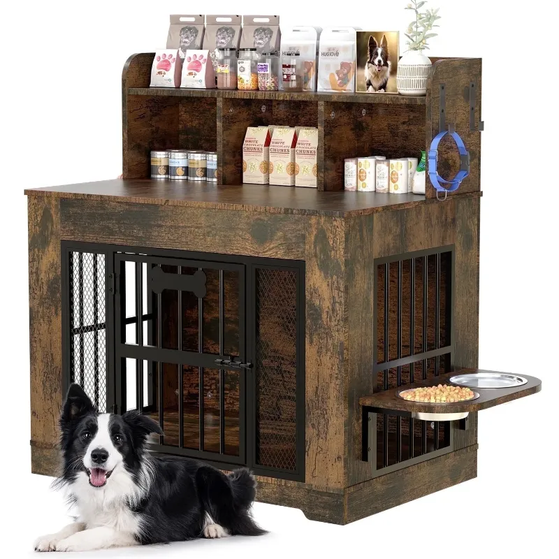 Photo 1 of Behost 34" Industrial Dog Crate Furniture with Feeding Bowls LED Light Bone Nameplate Double Layer Storage for Large Dogs Rustic Brown
