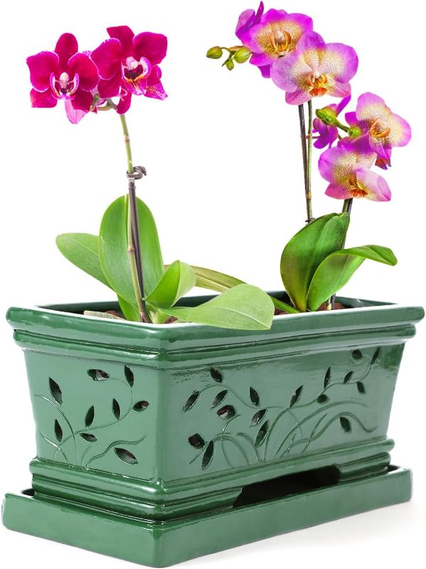 Photo 1 of 10Inch Orchid Pot with Holes and Saucers Green Rectangle Terracotta Orchid Pots Ceramic Flower Succulent Planter with Drainage and Saucer Plant Pot for Plants Indoor Outdoor