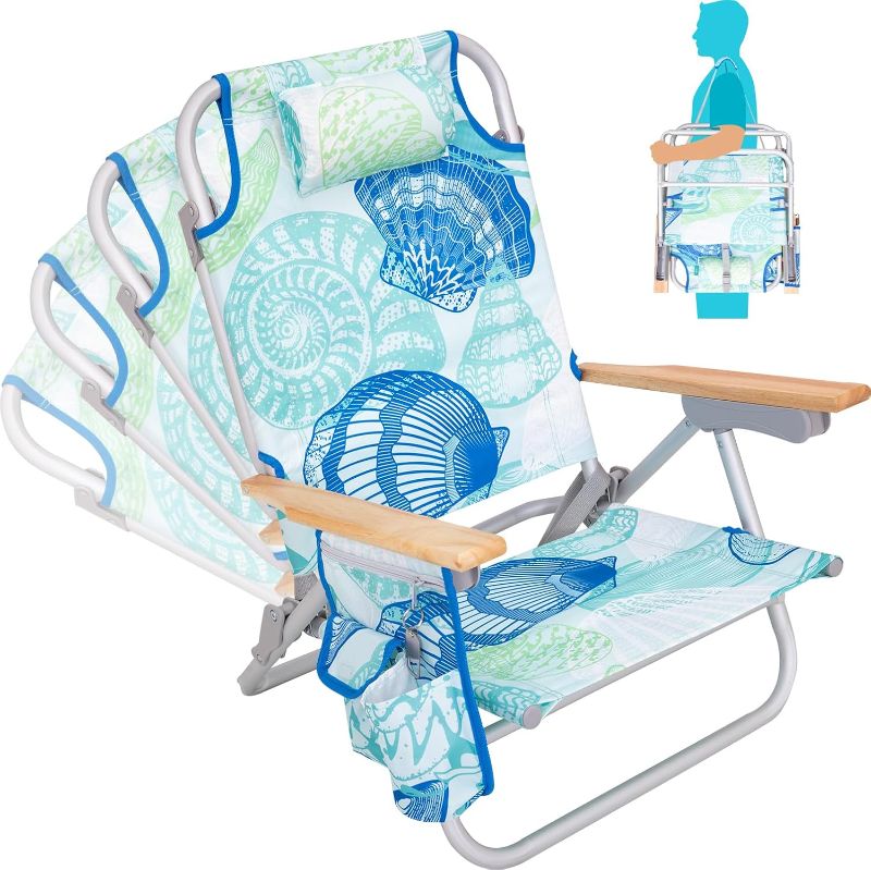 Photo 1 of #WEJOY Folding Beach Chair for Adults, 4-Position Aluminum Lightweight Beach Chair, Low Sands Chairs with Shoulder Strap, Cup Holder and Padded Headrest, Supports 265lbs for Lawn CYAN GREEN