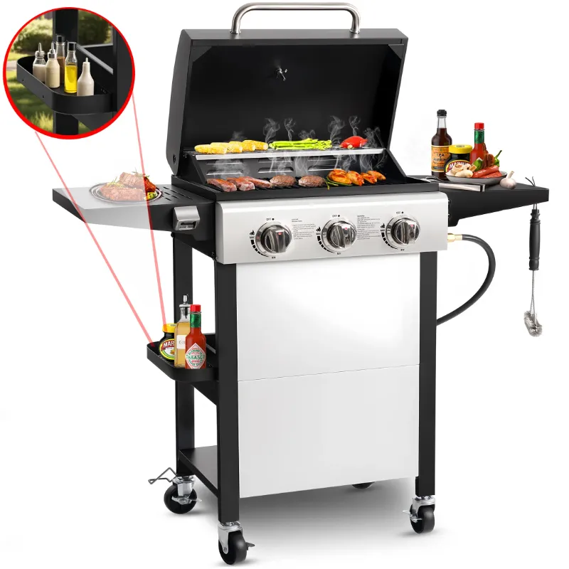 Photo 1 of 3-Burner Gas Grill, Seizeen 27,000 BTU Outdoor Propane BBQ on Wheels, Backyard Camping Cooking Oven with Daul Zone, Foldable Table, Hanging Basket