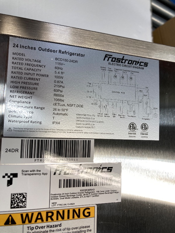 Photo 1 of ***PARTS ONLY/DENTS***Frostronics 24-Inch 186 cans Outdoor Drawer Refrigerator, 5.47 cu. ft. Built-In Outdoor Drawer Beverage Cooler, 26°F Outdoor Drawer Beverage Fridge, SUS304, Dual Mode, Lockable, ETL & NSF7 Certified