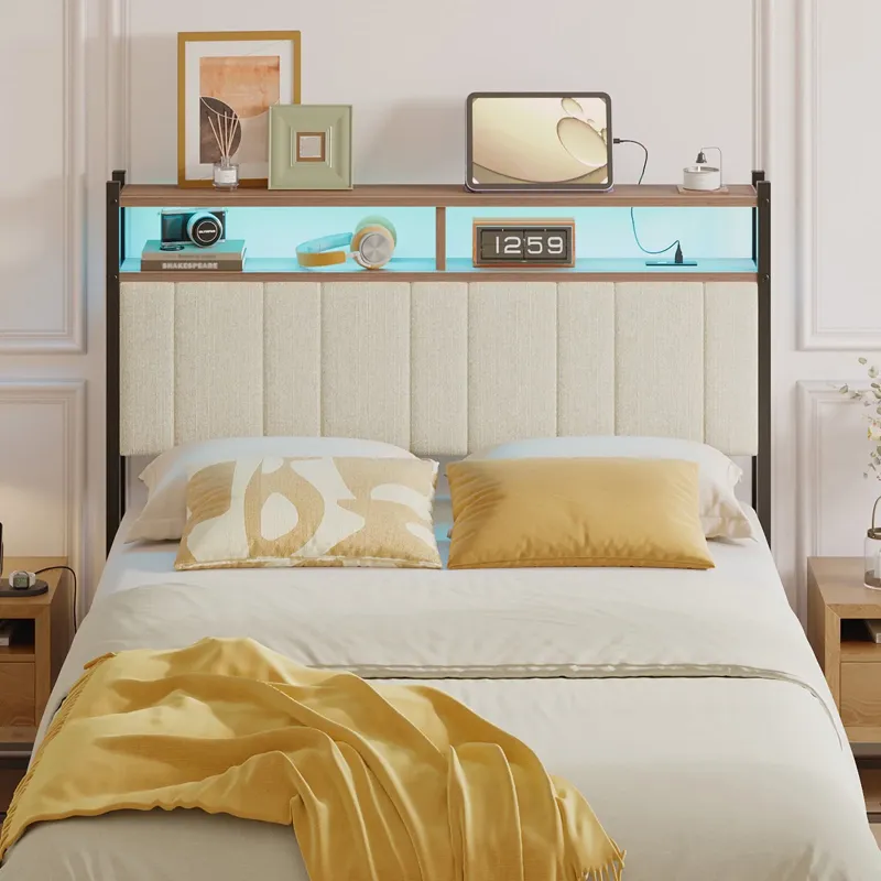 Photo 1 of 
Pinmoco -**THIS IS HEADBOARD ONLY FOR FULL SIZE BED** Linen Upholstered Storage Headboard LED Headboard with Charging Station - Beige FULL SIZE