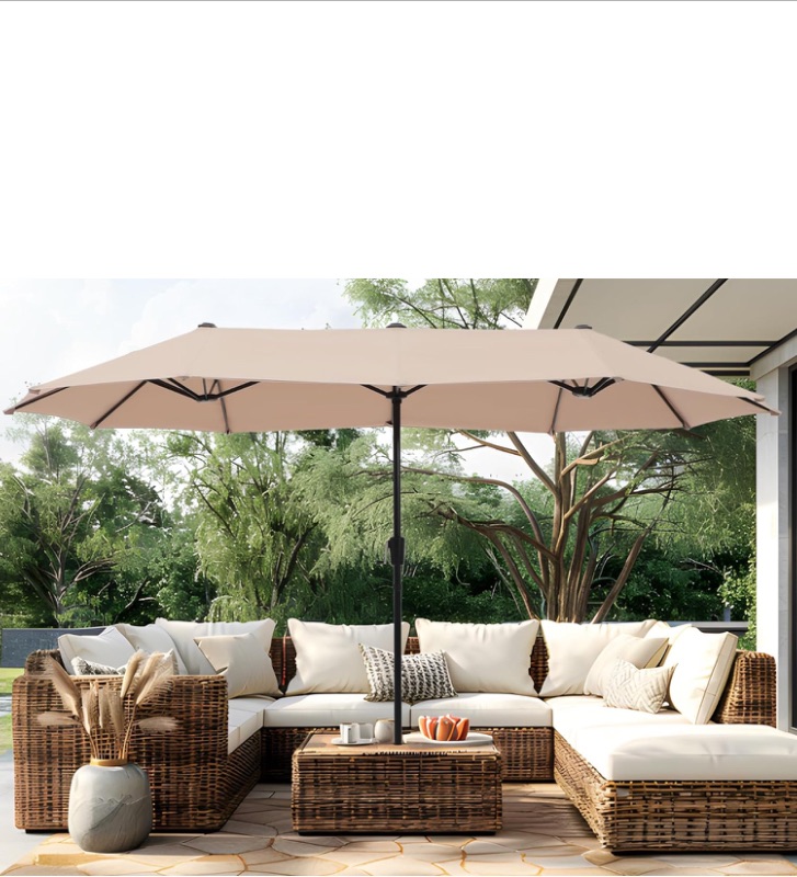 Photo 1 of 13ft Large Patio Umbrella Double-Sided Twin Outdoor Market Umbrella with Crank, Beige    ***(MISSING METAL EXTENSION POLE, NO POLE, SMALL TEAR AT TOP OF CANOPY...SEE ALL PHOTOS...NOT IN BOX, NO PACKAGING, SOME DIRT SPOT & BLUE IN AREAS)***